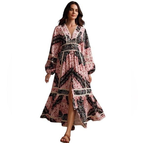 Anewsta BOHO Maxi Dress Pink and Black Paisley with Lace Tiered Skirt Size XL - Picture 1 of 12